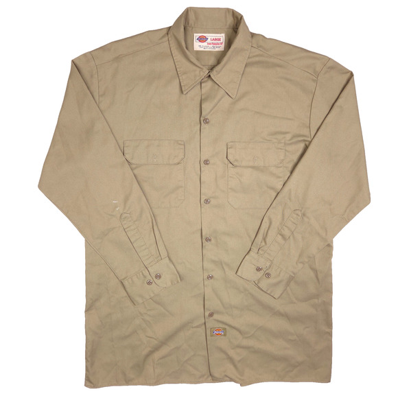 Dickies Long Sleeve Button-Up Twill Work Shirt Mens Large Khaki Beige Y2K - Picture 1 of 7
